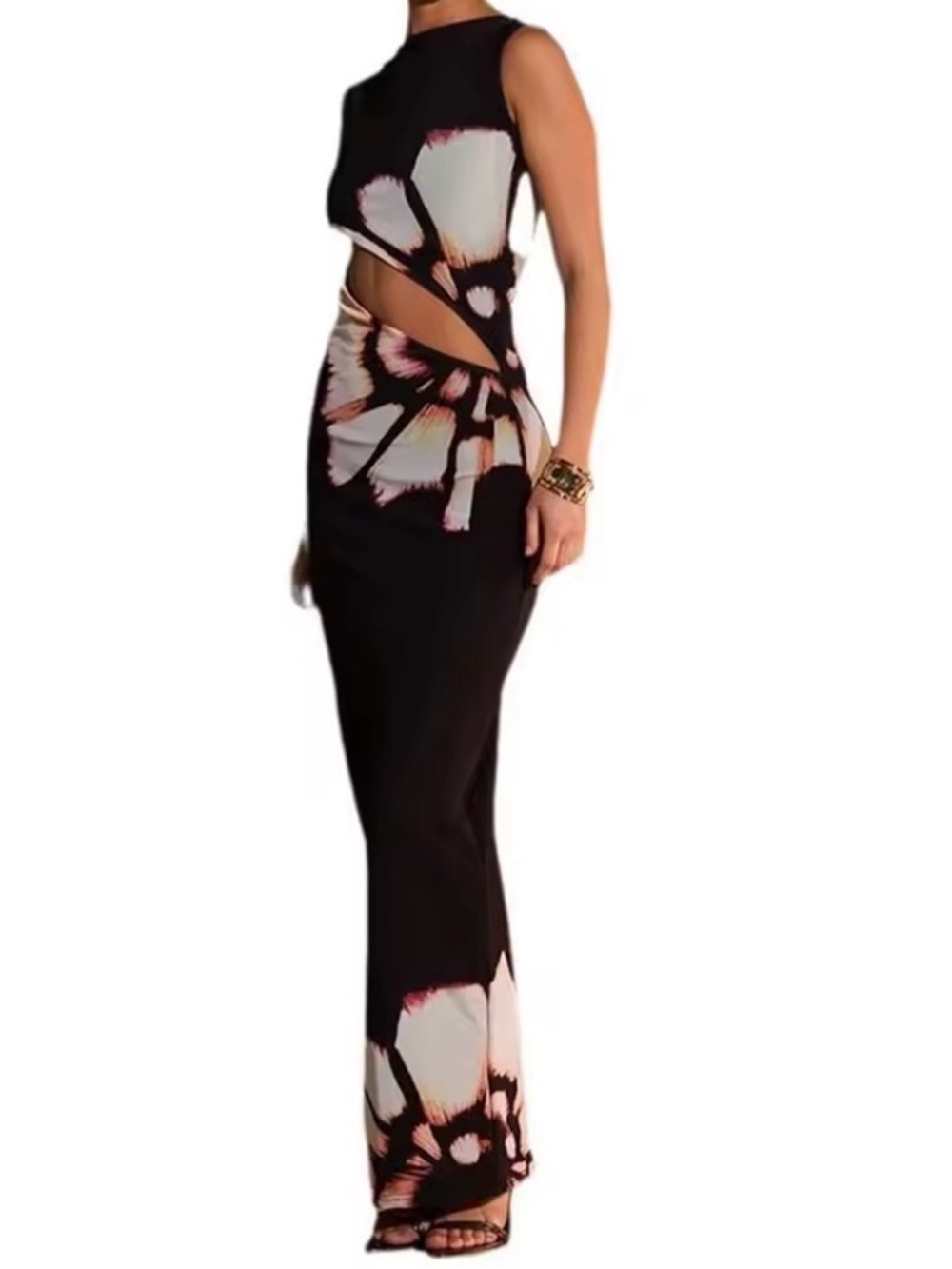 Black Cutout Maxi Dress with White & Pink Floral Print